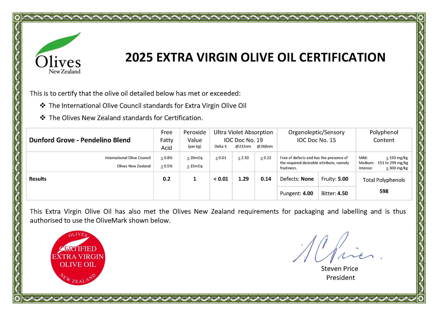 Olivver presents: Dunford Grove Premium ~645 mg/kg High Polyphenol Blend - Latest Season 25/26