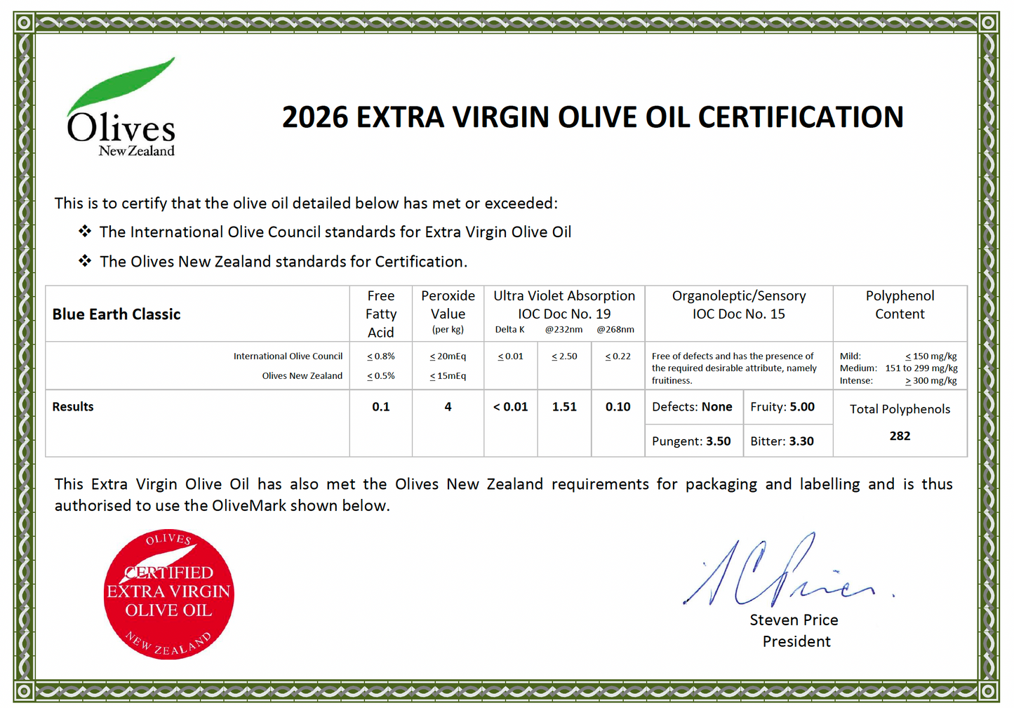 Blue Earth Estate Premium Extra Virgin Olive Oil - New Season 2026 - Classic Blend - Olivver