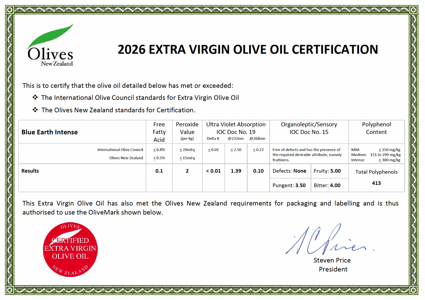 Blue Earth Estate Premium Extra Virgin Olive Oil - New Season 2026 - Intense - 413 mg/kg - Olivver