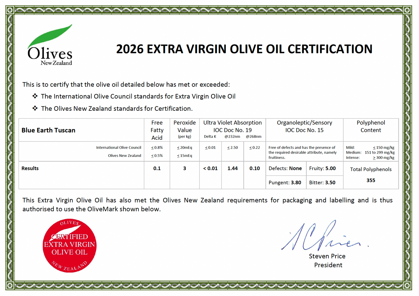 Blue Earth Estate Premium Extra Virgin Olive Oil - New Season 2026 - Tuscan Blend - Olivver