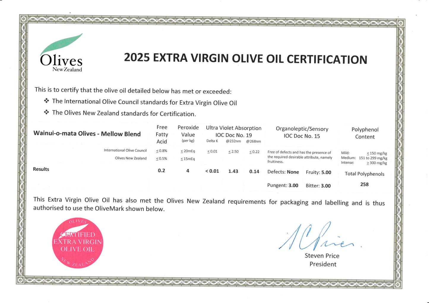 Wainui-o-mata Olives Frantoio - 2025 harvest - with free pourer! - Olivver