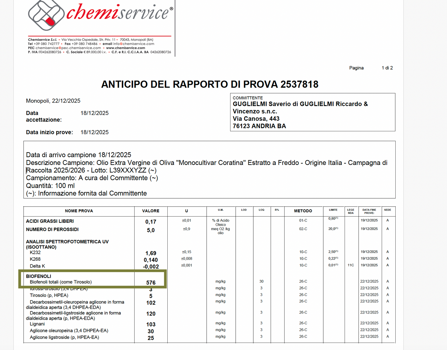 Olio Guglielmi 'Monocultivar Coratina' - latest harvest