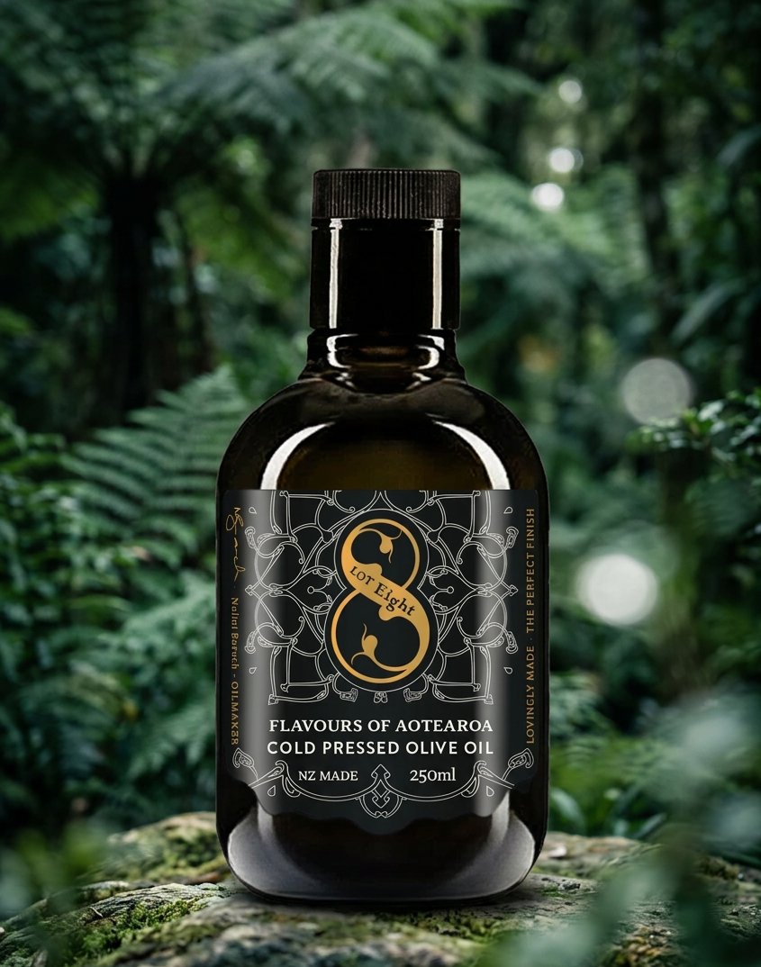 A 250ml dark glass bottle of 'Lot 8 Flavours of Aotearoa Cold Pressed Olive Oil, featuring a black cap and a black label with gold and white text and graphics, set against a plain white background.