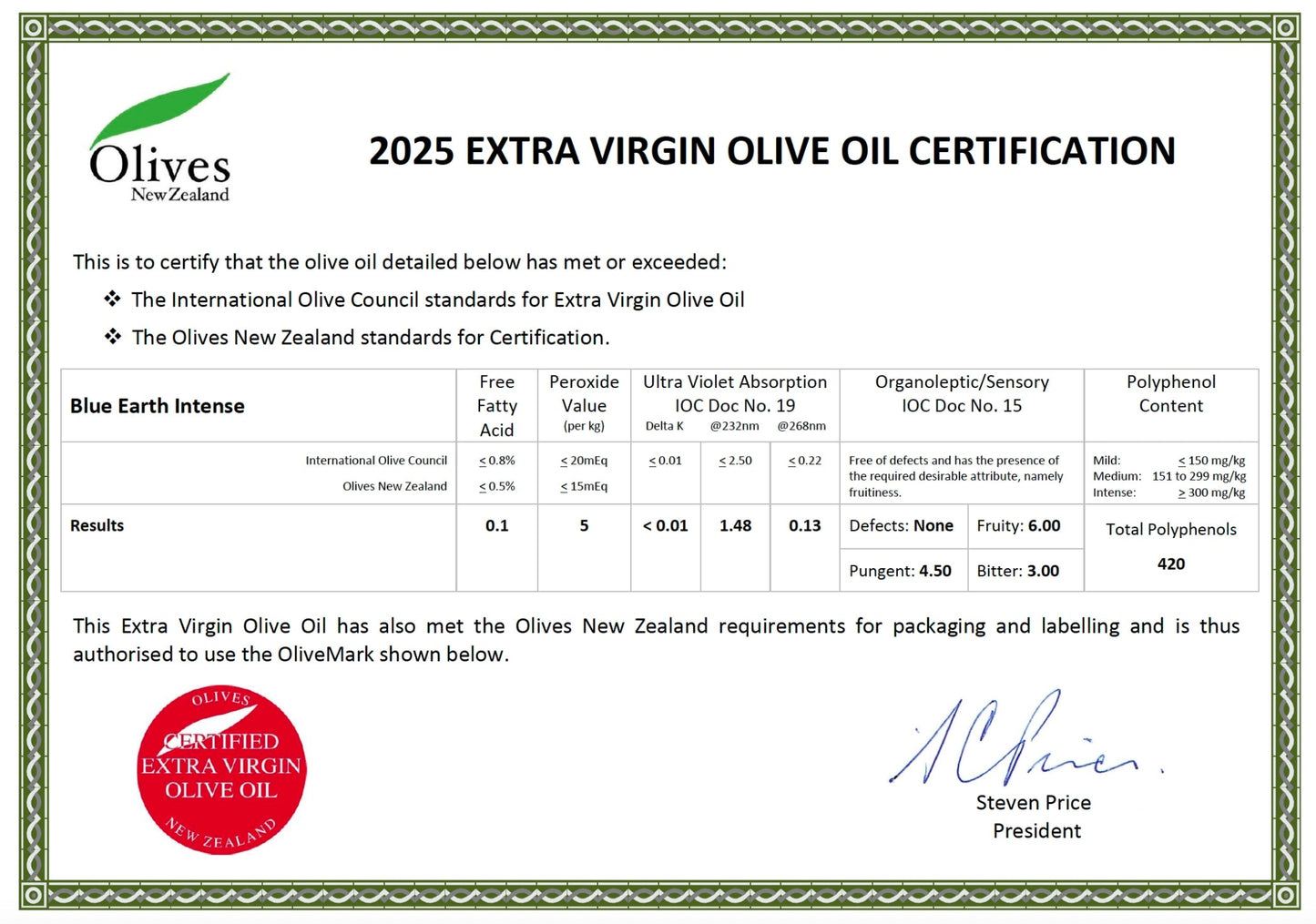 Blue Earth Estate Premium Extra Virgin Olive Oil - Intense Blend - New Season - Olivver
