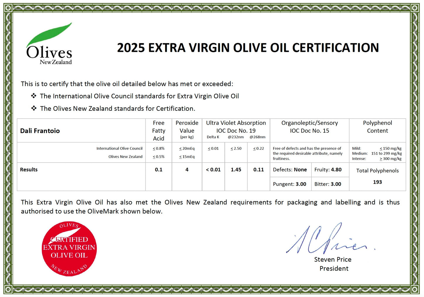 Dali Super Premium Frantoio - Organically Grown* - new season - 750 ml - Olivver