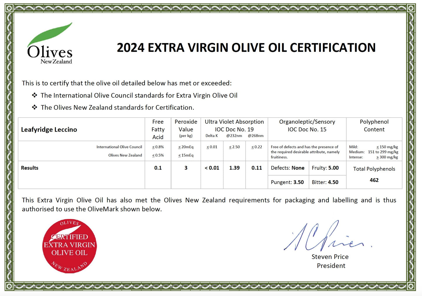 Leafyridge Premium Extra Virgin Olive Oil - Leccino - 4 litres - Olivver