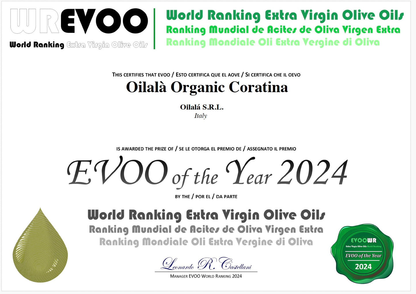 Oilalà Organic Monovarietal Coratina Premium Extra Virgin Olive Oil