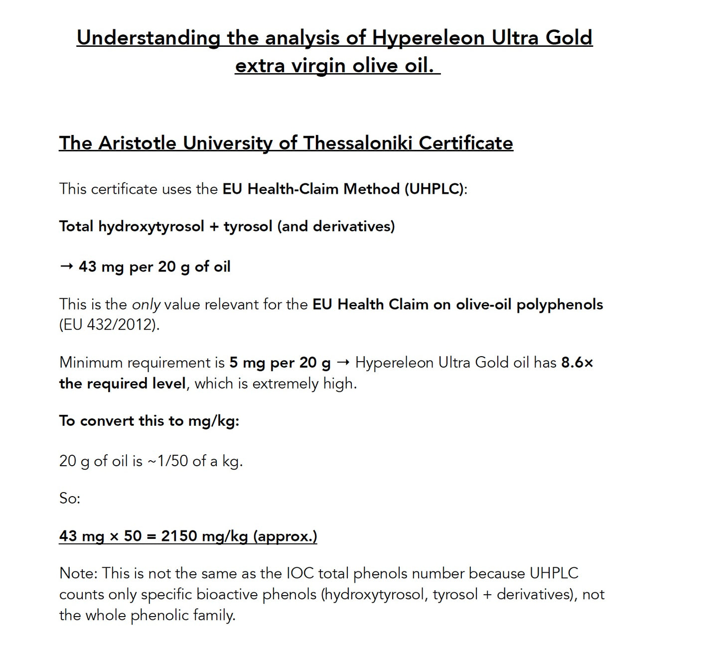 Hyperleon Ultra Gold - 2150 mg/kg - Extremely High Polyphenolic olive oil