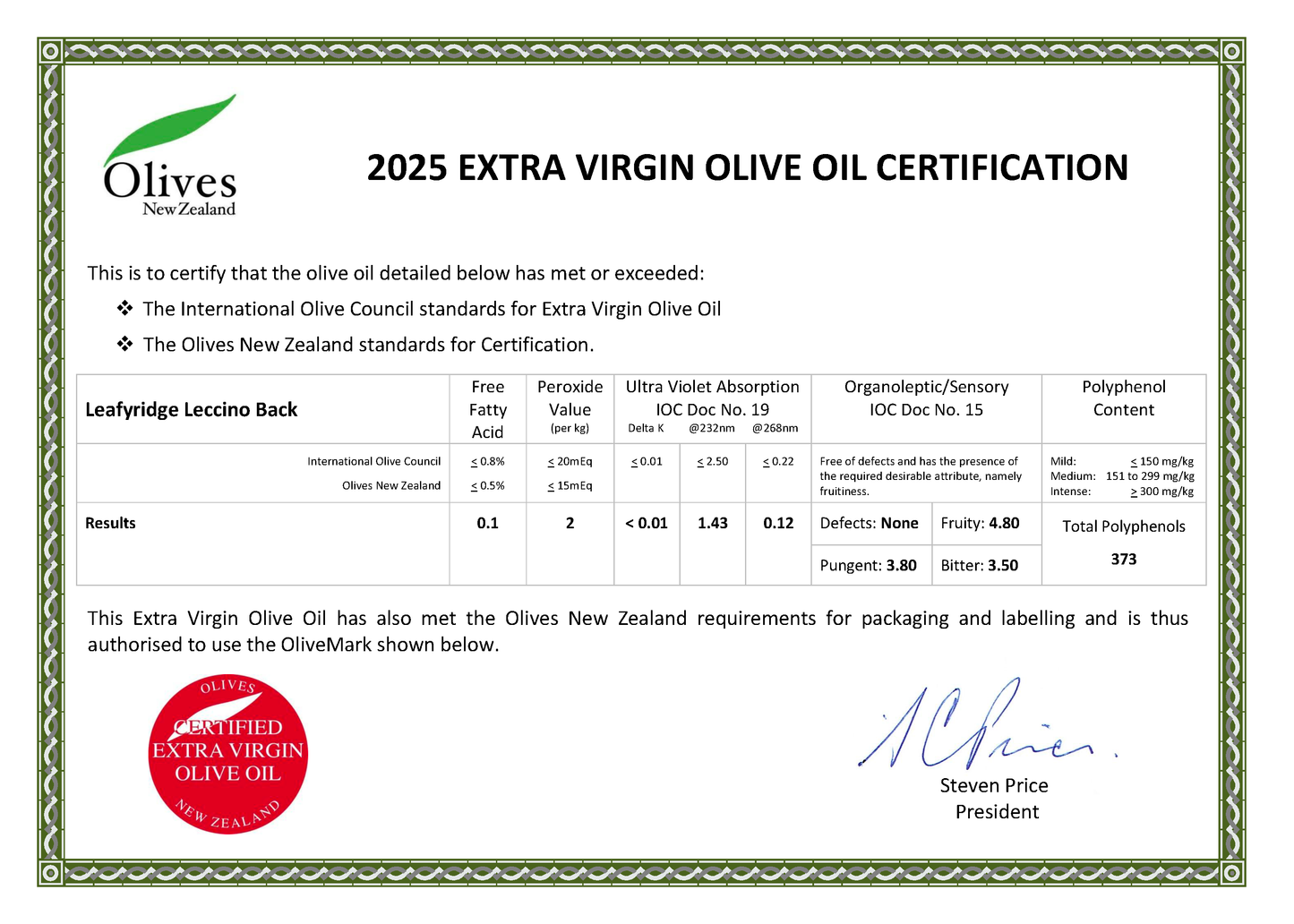 Leafyridge Premium Extra Virgin Olive Oil - 2025 Leccino - 4 litres