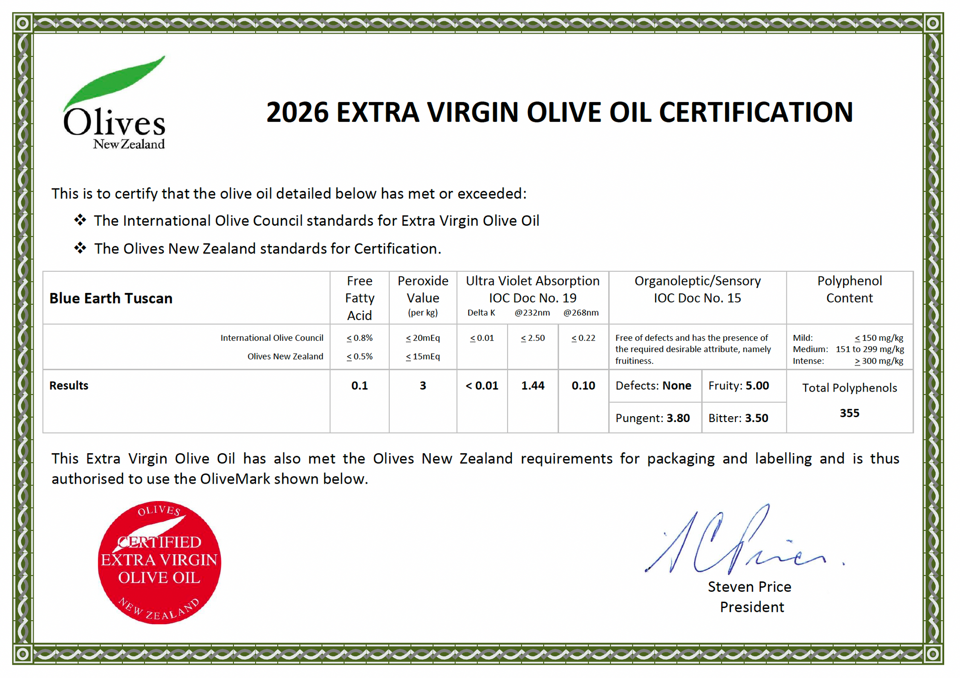 Blue Earth Estate Premium Extra Virgin Olive Oil - New Season 2026 - Tuscan Blend - Olivver