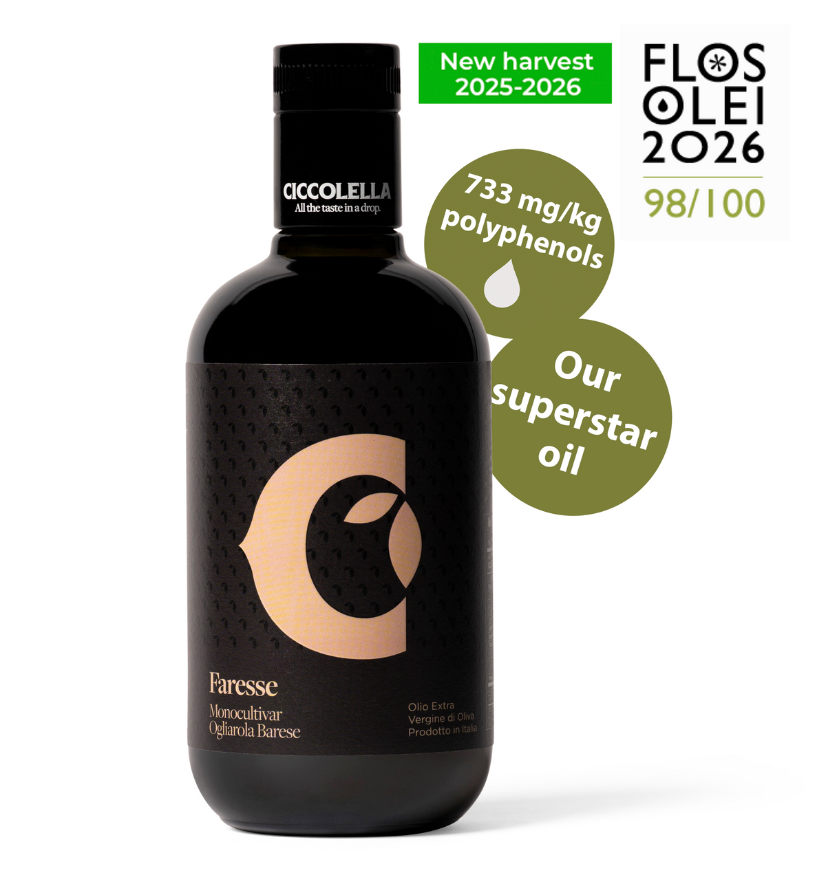 Olio Ciccolella Faresse - 733 mg/kg cert - Ogliarola Barese - 500 ml bottle - Olivver