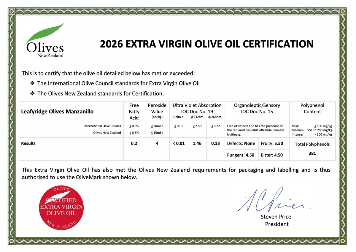 Leafyridge Premium Extra Virgin Olive Oil - 2025 Early Harvest Manzanillo Intense