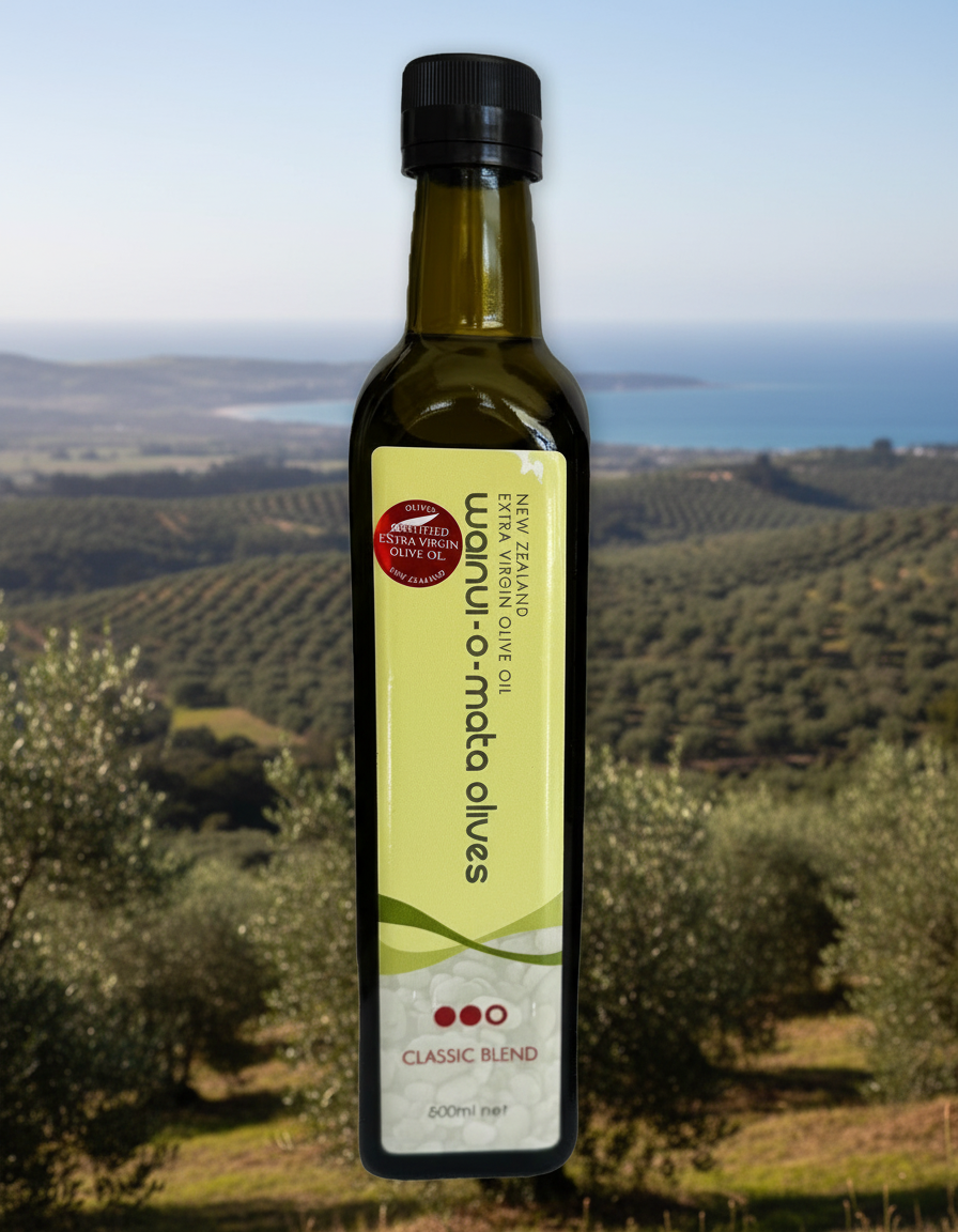 Bottle of olive oil with a label on a white background