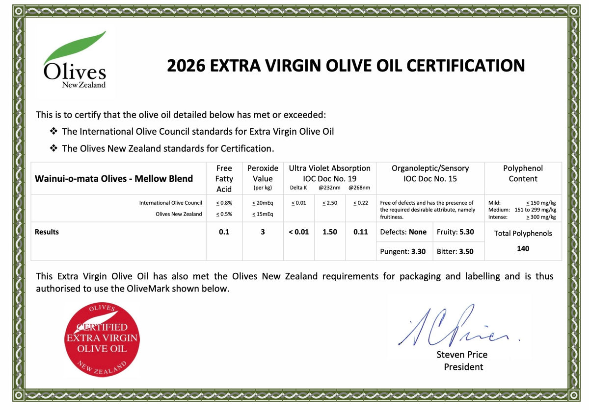 Wainui-o-mata Olives Frantoio - new 2026 harvest - with free pourer!