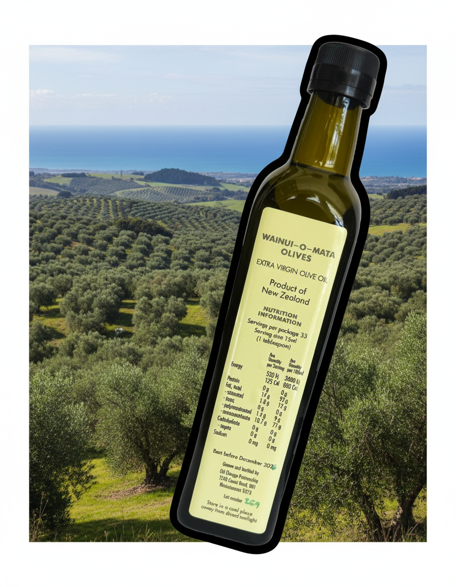 Bottle of Waiui O Mata Olives Extra Virgin Olive Oil with label on a white background