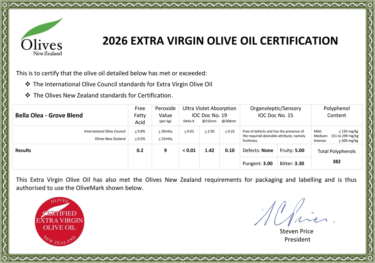 Bella Olea Organically Grown* Premium Grove Blend - 382 mg/kg certified