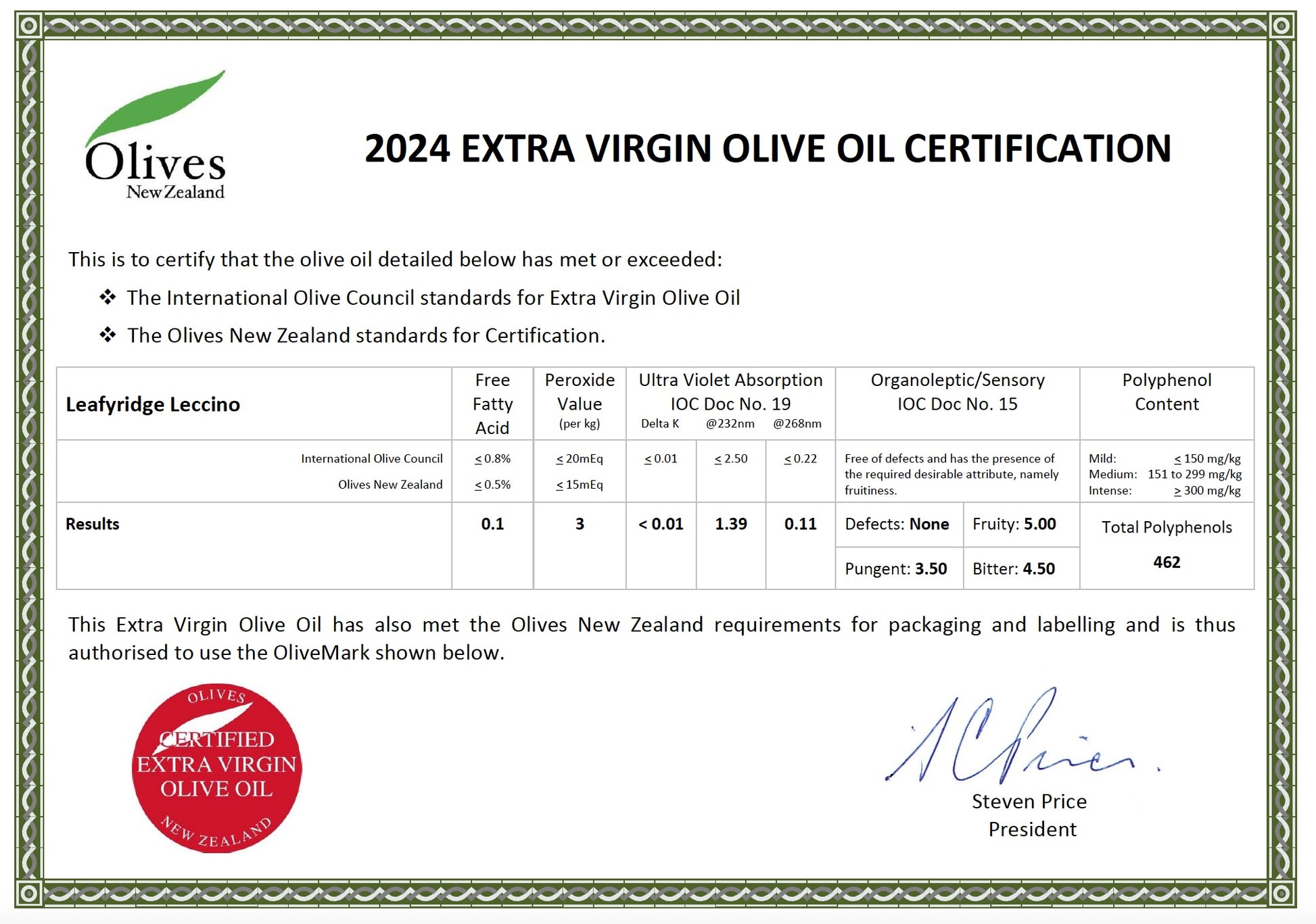 Leafyridge Premium Extra Virgin Olive Oil - Leccino - 4 litres - Olivver