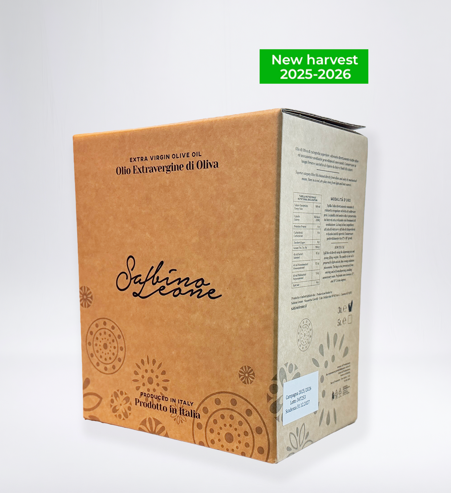 Sabino Leone Bag In Box Biologico - 3 litres - Organic Blend - 681 mg/kg - Olivver