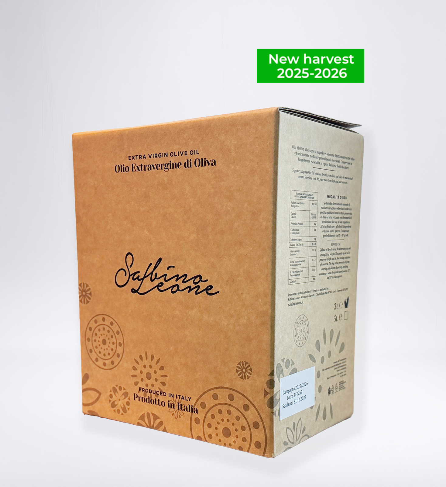 Sabino Leone Bag In Box Biologico - 3 litres - Organic Blend - 681 mg/kg - Olivver