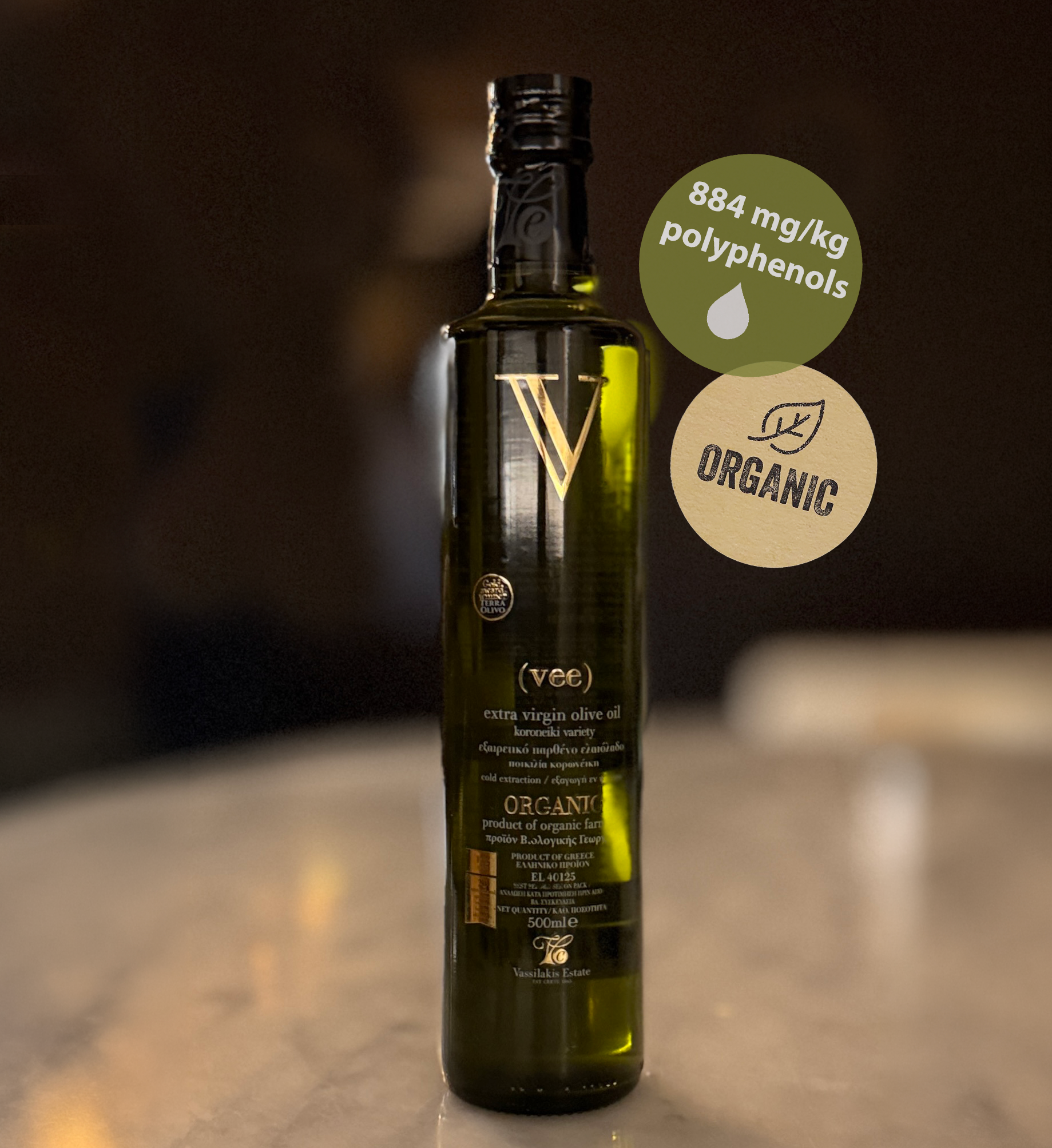 Vassilakis Estate 'V' High Polyphenol - 884 mg/kg - 25/26 Harvest - Premium Organic Greek Extra Virgin Olive Oil - Olivver